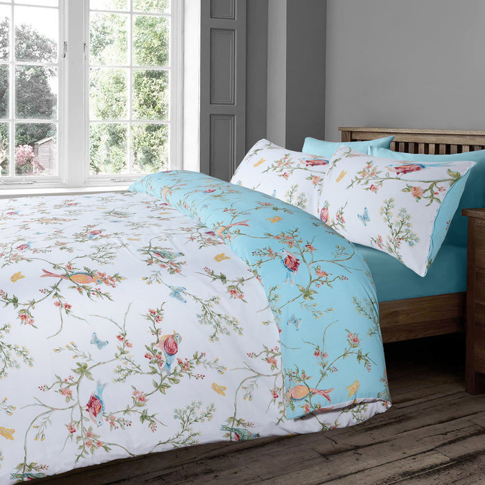 Floral Birds Duck Egg Reversible Duvet Cover & Pillowcase Set