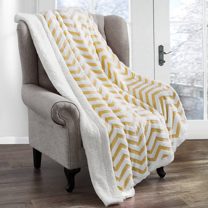 Velosso Ochre Jacquard Chevron Sherpa Fleece Throw