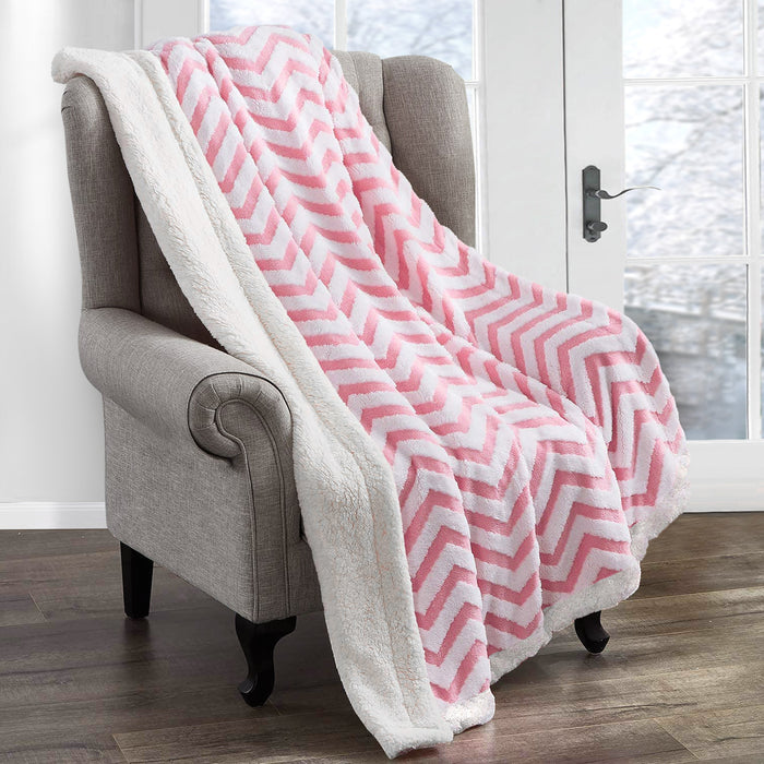 Velosso Pink Jacquard Chevron Sherpa Fleece Throw