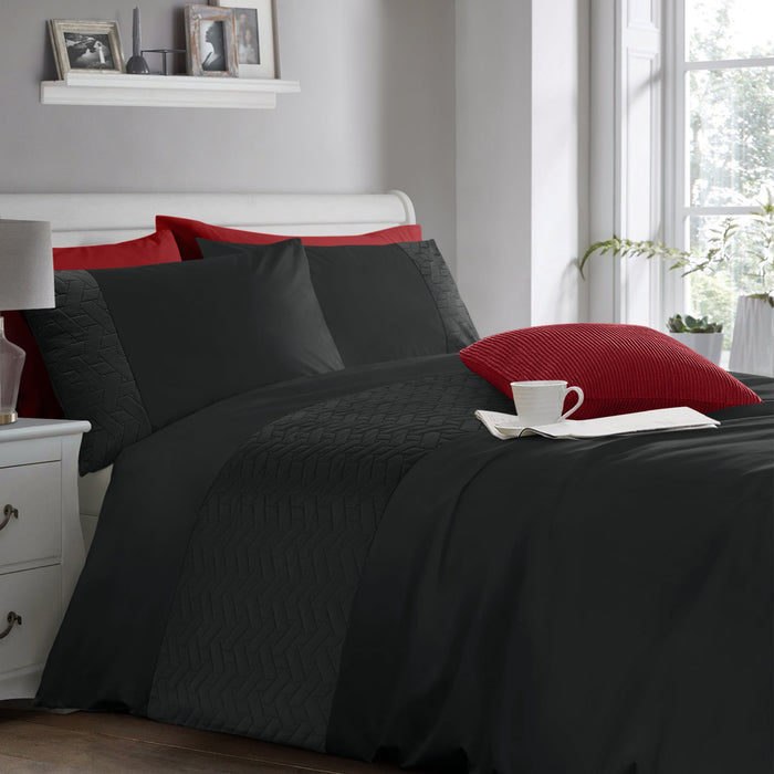 Quilted Geo Embossed Black Duvet Cover & Pillowcase Set