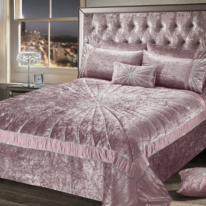 Starburst Crushed Velvet Diamante Pink Quilted Bedspread